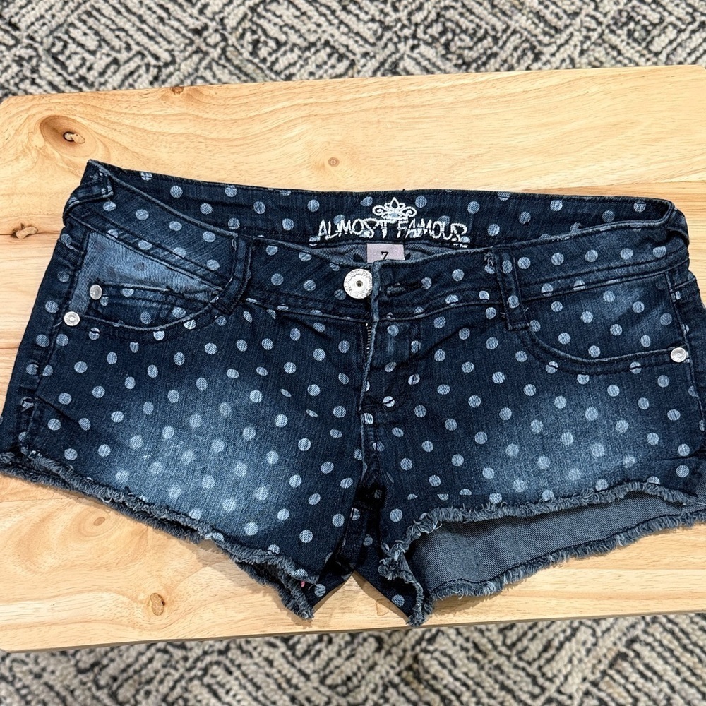 Almost Famous Women's Dark Blue Polka Dot Jean Shorts